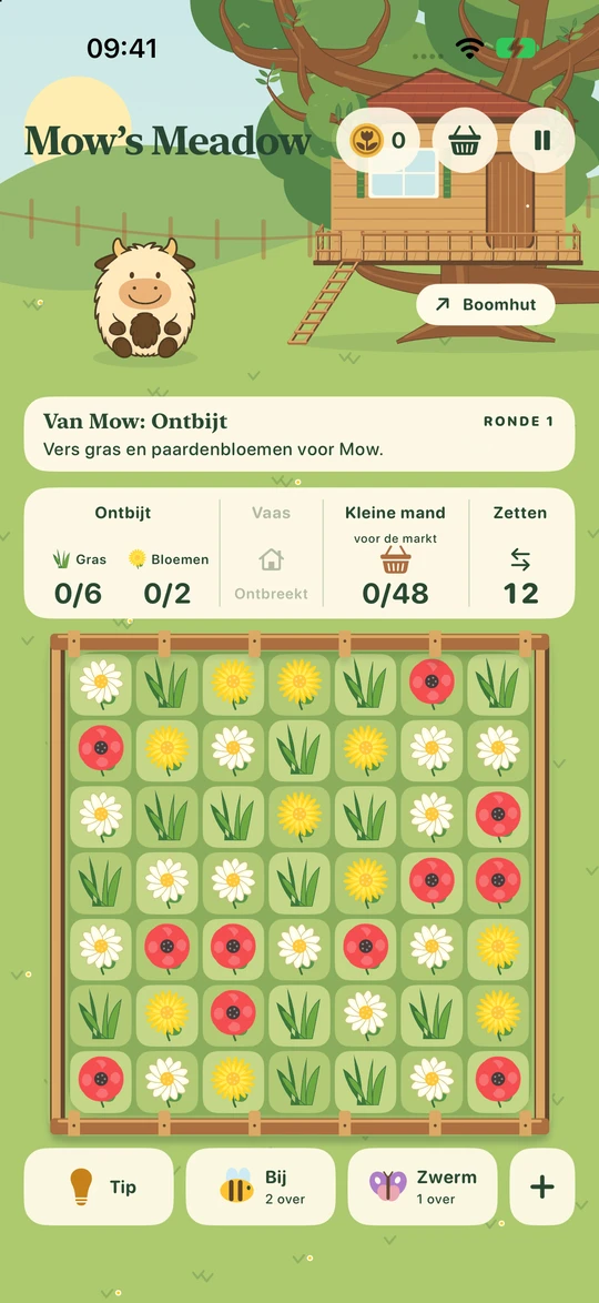 De eerste ronde: Mow in de wei, verzameldoelen en een speelveld met bloemen en gras