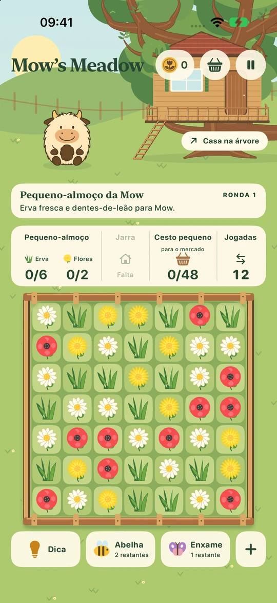 A primeira ronda: Mow no prado, objetivos de recolha e um tabuleiro de flores e erva