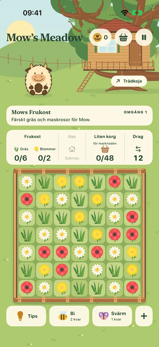 Första rundan: Mow på ängen, insamlingsmål och en spelplan med blommor och gräs