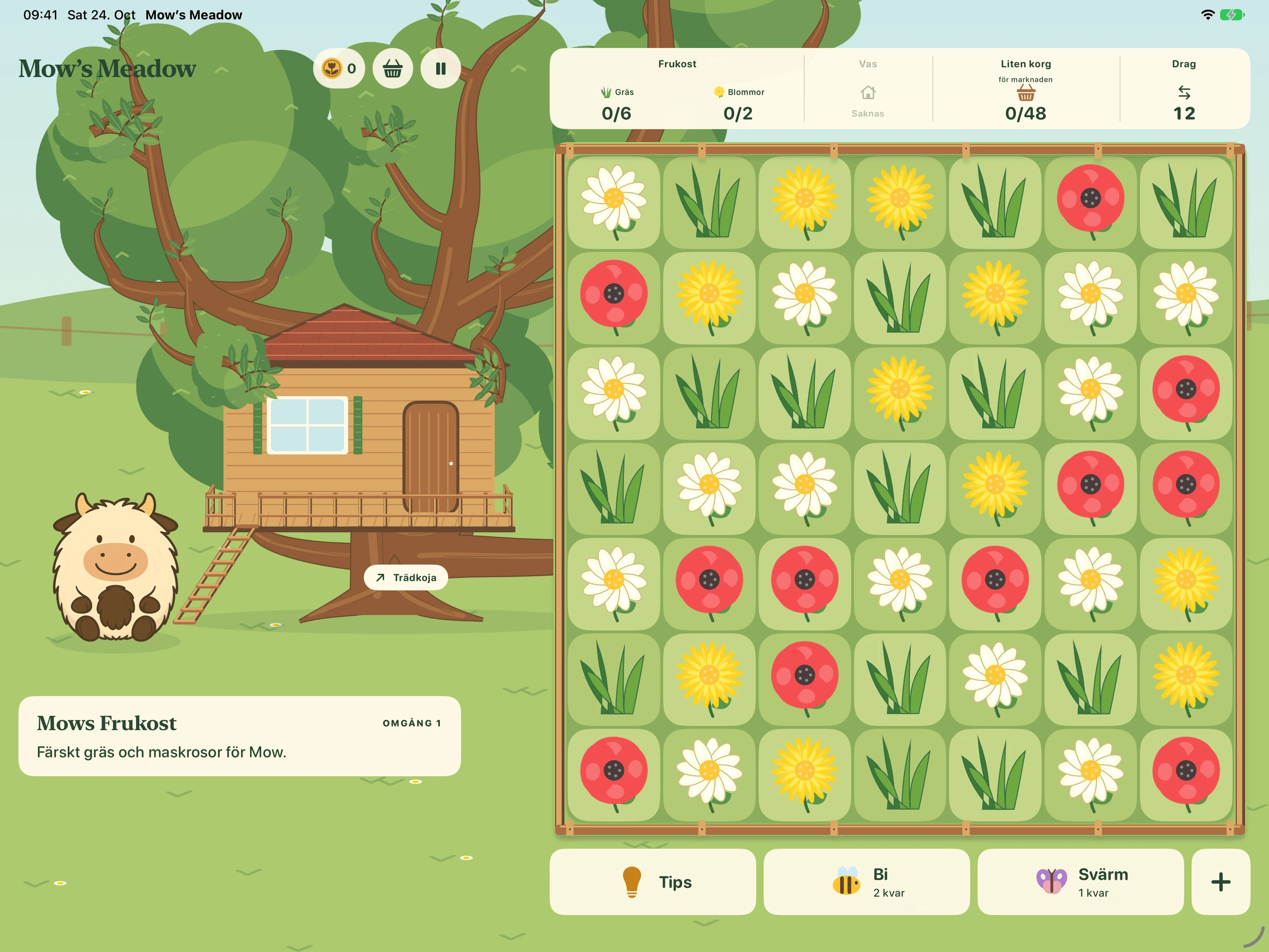 Mow’s Meadow på iPad: Mow och hennes trädkoja till vänster, den stora spelplanen till höger