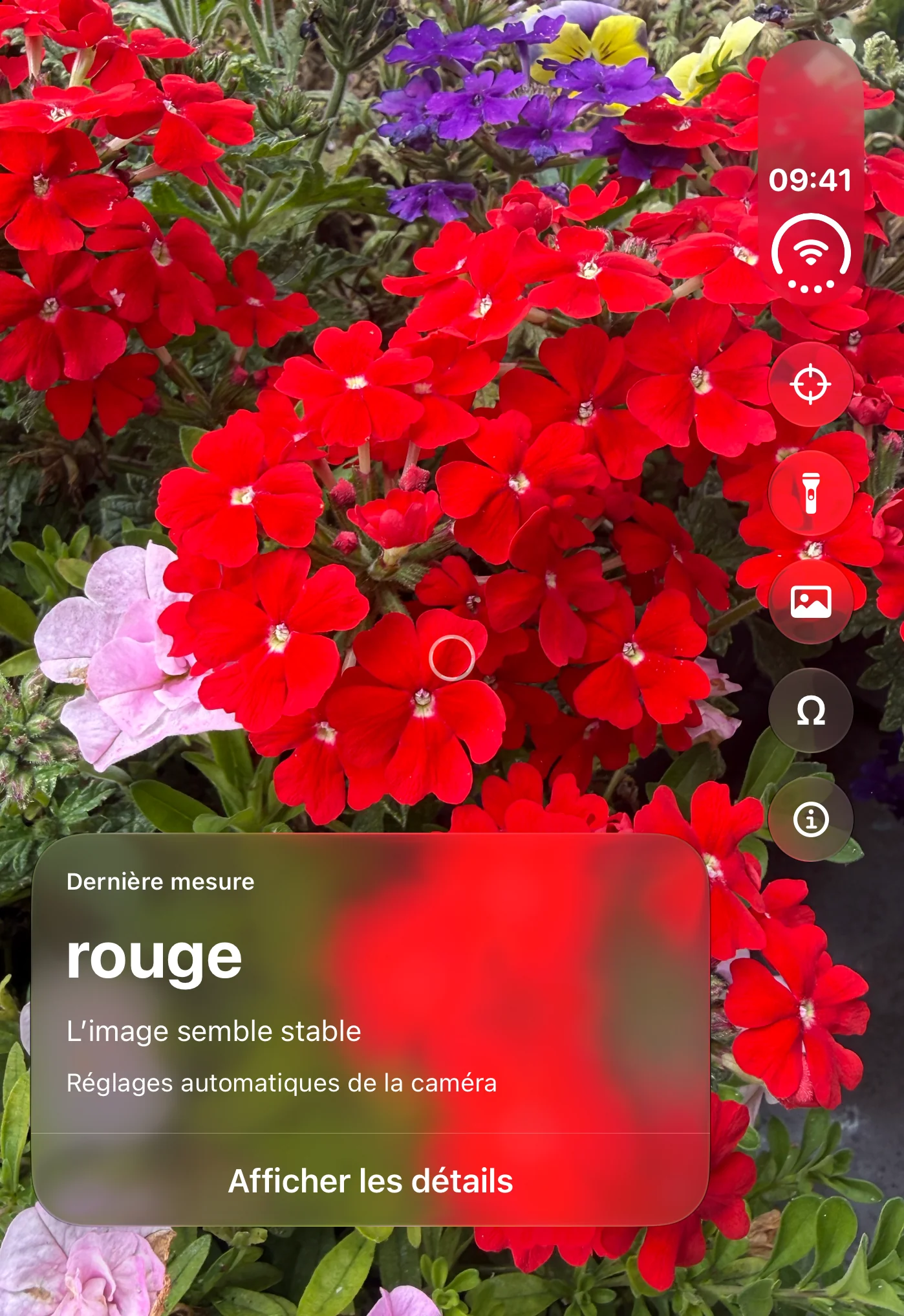 Opsino : vue caméra avec cercle de mesure et nom de couleur sur l’écran extérieur