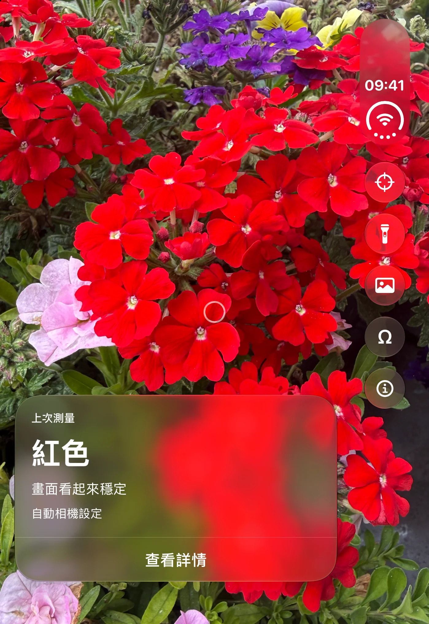 Opsino：外螢幕上的相機畫面、測量圓圈和顏色名稱