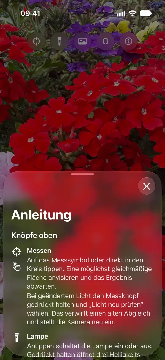 Opsinos Kameraanleitung erklärt Messen, Messkreis, Lampe, Fotos und optionalen Neutralabgleich.