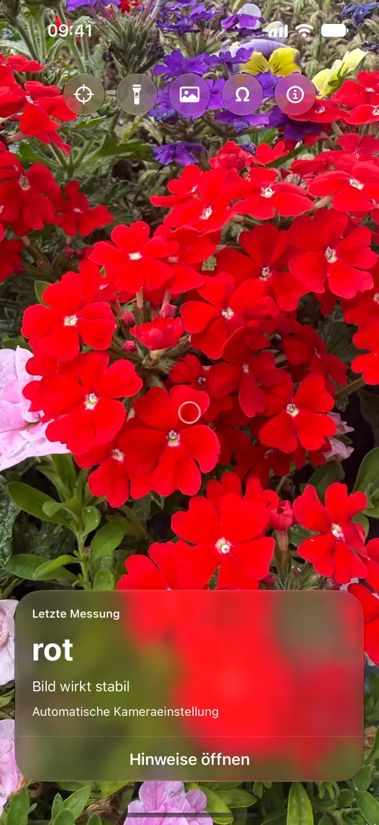 Opsino erkennt Rot im Messkreis auf einer roten Blüte.