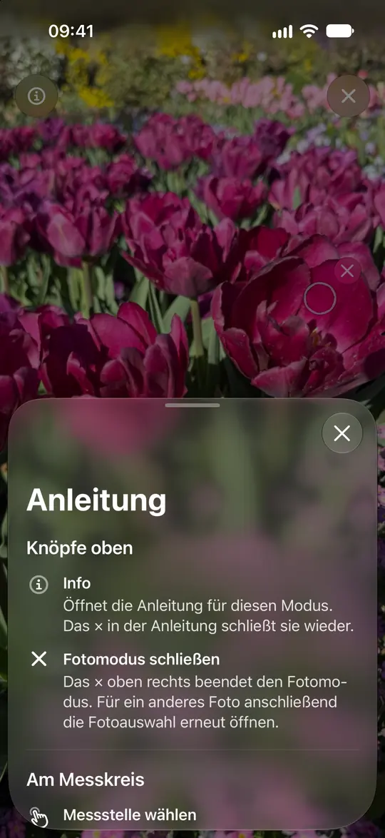 Opsinos Fotoanleitung erklärt Messkreis, Zoom und das Entfernen einer Messung.